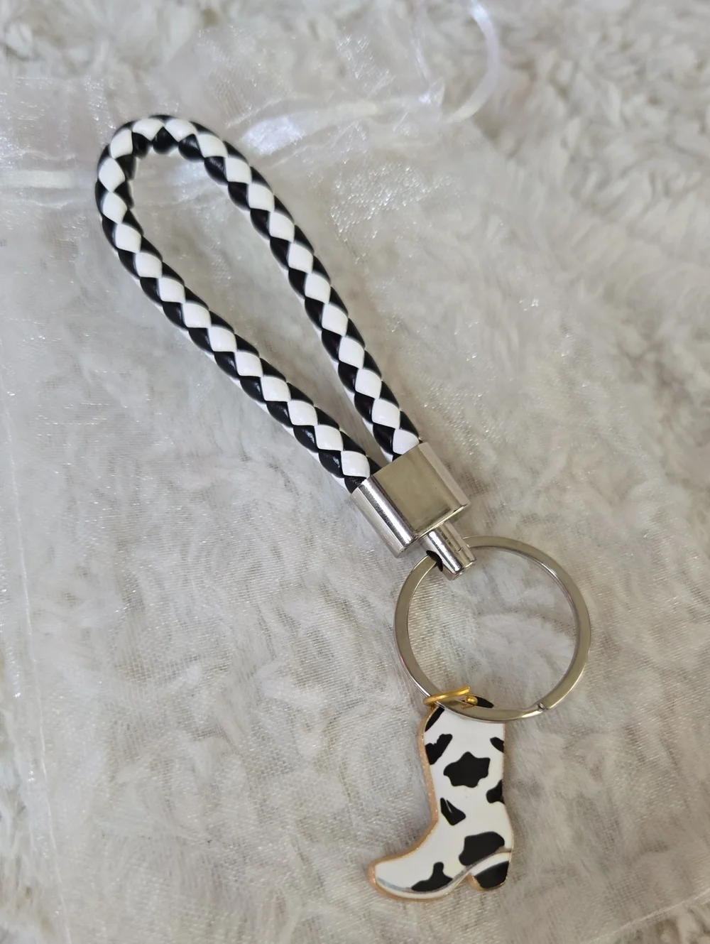 Cow Print Boot Keychain with Braided Loop - Black & White